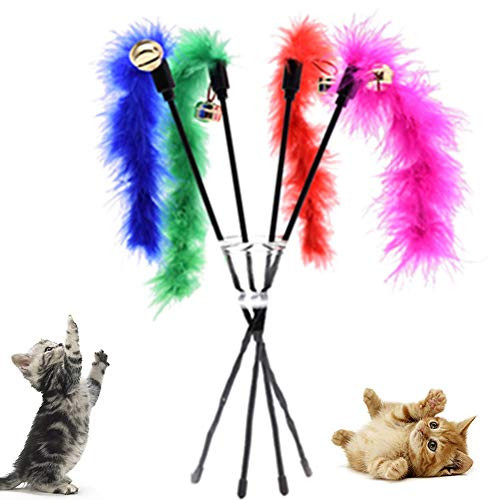 BESUFY Cat ToysKitten Toys with Bells Interactive Catcher Teaser for Indoor Kitten Having Fun Pet Cat Kitten Teaser Catcher Plastic Stick Wand Bell Feather Interactive Toy - Random Color