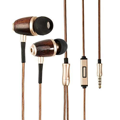 DIKOO In-Ear Earbuds Headphones Premium Genuine Wood Noise Cancelling Headphones Earphones Earbuds with Microphone (Gold)