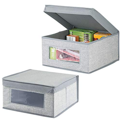 mDesign Soft Stackable Fabric Closet Storage Organizer Holder Bin with Clear Window, Attached Lid - for Home Office, Den, Hallway, Entryway - Textured Print - Medium, 2 Pack - Gray