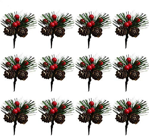 12PCS Artificial Pine Flower PicksRed Berry Stems with Snow Flocked Holly Pine Cone BallArtificial Plants Small Pine Picks for Christmas Tree Crafts Arrangements Wreaths and Holiday Decorations
