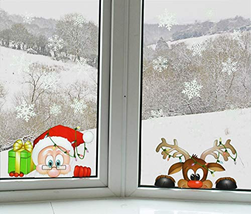 LONGTEN Christmas Windows Static Stickers Clings Santa Claus Snowman Deer Snowflake Removable Vinyl Christmas Tree DIY Wall Window Door Mural Decal Sticker for Showcase