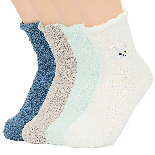 Zando Women Fuzzy Socks Super Soft Slipper Socks Winter Cozy Socks Warm Fuzzy Socks Comfy Fluffy Socks Indoor Plush Socks Home Fleece Socks Sleep Crew Socks 4 Pairs Embroidery One Size