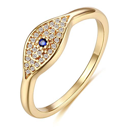 VACRONA Evil Eye Ring Simulated Blue Sapphire Round Cubic Zirconia 14K Gold Plated Thumb Ring Petite Dainty Ring for Women