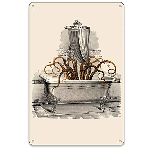 BellowDeer Funny Octopus in Bath Tub Home Wall Decor Vintage Art Octopus Metal Tin Sign Surreal Art Decor Bathroom Octopus Animal Signs Retro Home Restroom Toilet Signs Wall Decoration 8X12Inch