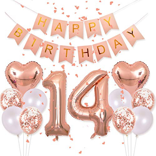 Birthday Decorations Happy Birthday Banner 40inch Rose Gold Number 14 Balloons Rose Gold Confetti Balloons 1" in Diameter Heart Confetti for 14th Birthday Party Supplies Photo Props (Rose Gold 14)