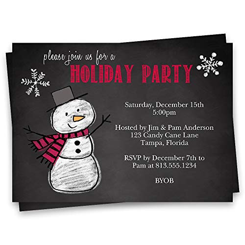 Snowman Holiday Party Invitations Christmas Party Invites Chalkboard Blackboard Xmas Snow Man Winter Red Snowflakes  10 count