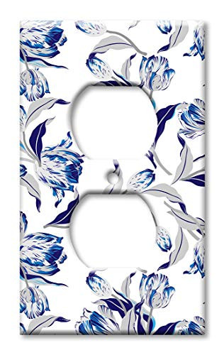 Art Plates Duplex Outlet Cover Wall Plate - Blue and Gray Flower Toss