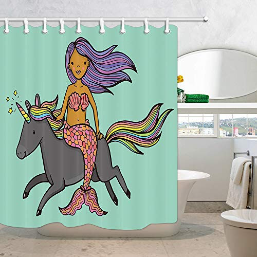 AWO Cartoon Mermaid Shower Curtain, Mermaid Girl on Unicorn with Rainbow Tail Fabric Bathroom Curtain and Hooks, Waterproof 69x70Inches AWO Cartoon Mermaid Shower Curtain, Mermaid Girl on Unicorn with Rainbow Tail Fabric Bathroom Curtain and Hooks, Waterproof 69x70Inches