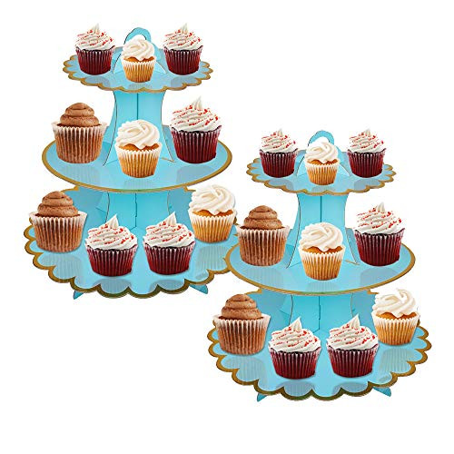 3-Tier Cupcake Stand Cardboard Cupcake Tower Round Dessert Cupcake Holder Disposable Pastry Stand Paper Dessert Stand for Birthday Wedding Party Serving Platter  Blue 2PCS