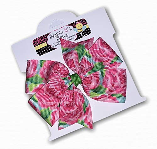 Rose Blossoms Pinwheel Hair Bow 4 inch Pink Green