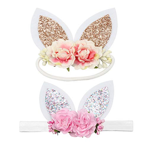 Baby Easter Bunny Headband with Flower Glitter Rabbit Ears for Easter Gift JHE06 2 Pcs- T Baby Easter Bunny Headband with Flower Glitter Rabbit Ears for Easter Gift JHE06 2 Pcs- T