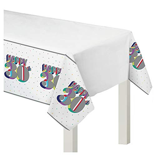 Amscan 572316 Happy 30th Birthday White Plastic Party Table Cover 54 inch x 102 inch 1 piece