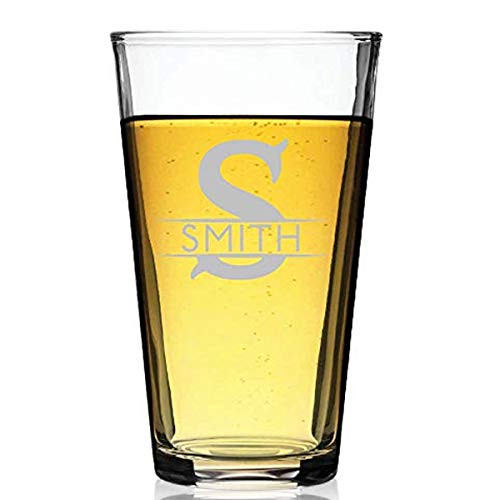 Monogrammed Pint 16oz Beer Glass   Lead Free Engraved Glassware   Durable Chip Resistant Rim   Sleek Modern Professional Monogram