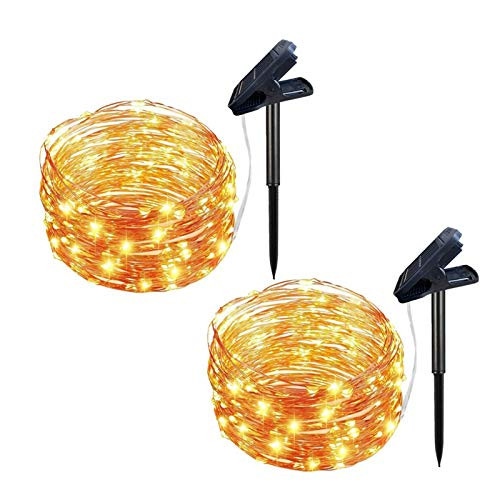 Solar Powered String Lights 2 Pack 100 LED Solar Fairy Lights 33 feet 8 Modes Copper Wire Lights Waterproof Decorative Lighting for Patio Garden Yard Party Wedding