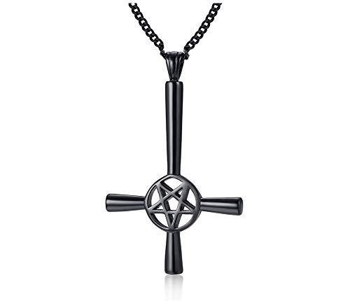 VNOX Religious Satanism Satanic Upside Down Inverted Cross Pentacle Pentagram Pendant NecklaceWiccan JewelryBlack