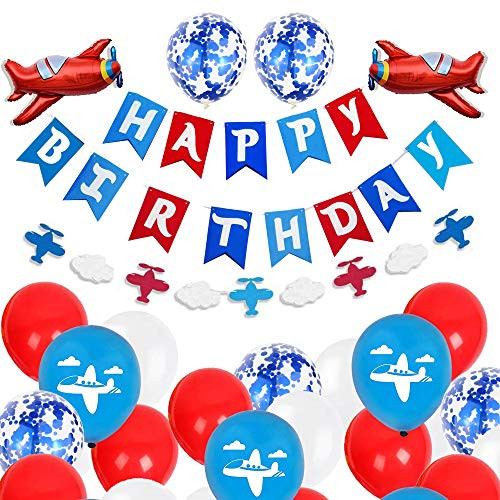 Airplane Party Decorations Supplies - Happy Birthday Banner Plane  and  Cloud Garland Jet Foil Balloon Latex Balloons for Aviator Themed Happy Birthday Party
