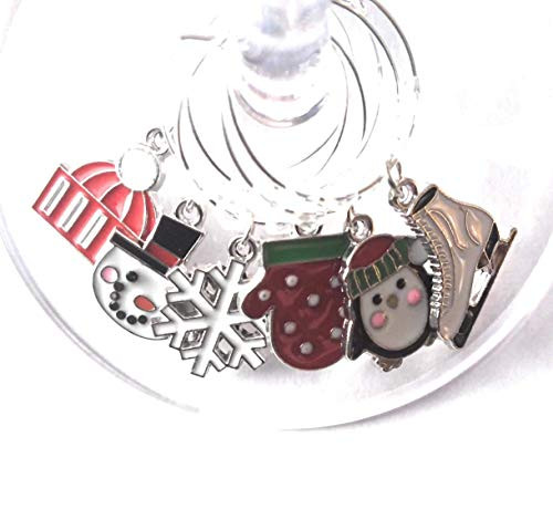 Christmas Wine Charms Glass Tag Identifiers Penguin Ice skate and Snowflake wine charm Holiday Glass Markers Winter Wonderland - 6 wine charms