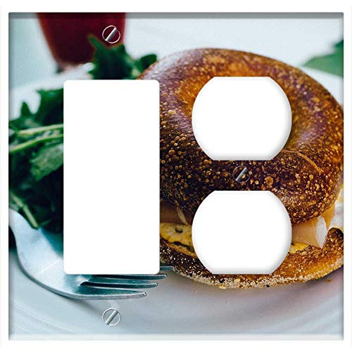 2-Gang Rocker GFCI Outlet Combination Wall Plate Cover - Breakfast Bagel Ham Egg Sandwich Snack Toasted