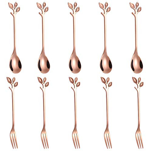 Stainless Steel Rose Gold Leaf Coffee Cake Spoon Fork-AnSaw 10pcs 4.7  Creative Tableware Dessert Spoons Stirring Mixing Sugar Stir Ice CreamFruit Cake Teaspoon Set  Rose Gold-5Spoon plus5Forks
