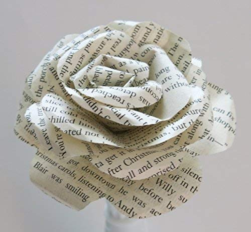 Classic Novel Book Page Paper Rose 4 Inch Flower Blossom Long Stemmed Single Bloom Literary Theme