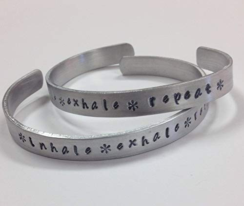 Just Breathe Inhale Exhale Repeat handstamped quote bracelet on a non tarnish aluminum cuff