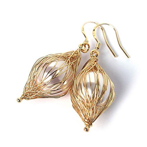 Handmade Pearl Earrings Gold Plated 925 Sterling Silver Hook Wire Wrapped Dangle Drop Earrings Big Bird Egg