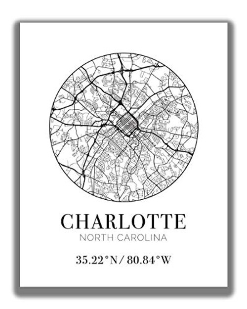 Charlotte NC City Street Map Wall Art - 11x14 UNFRAMED Modern Abstract Black  and  White Aerial View Decor Print with Coordinates. Makes a great North Carolina -Themed Gift.