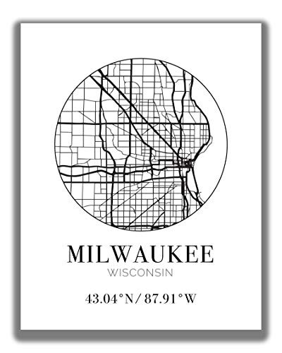 Milwaukee WI City Street Map Wall Art - 11x14 UNFRAMED Modern Abstract Black  and  White Aerial View Decor Print with Coordinates. Makes a great Milwaukee-Themed Gift.