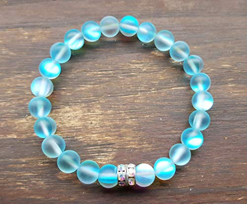Aqua Blue Mermaid Glass Iridescent Stretch Bracelet with Czech Crystal Rhinestone Beads