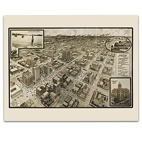 Houston Texas Vintage Map Circa 1912-11 x 14 Unframed Print - Great Housewarming Gift. Houston Themed Office Decor.