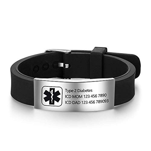 Personalized Adjustable Medical Bracelets Sport Emergency ID Bracelets Free Engraving 9 Inches Silicone Waterproof ID Alert Bracelets for Men Women Kids  Black-1