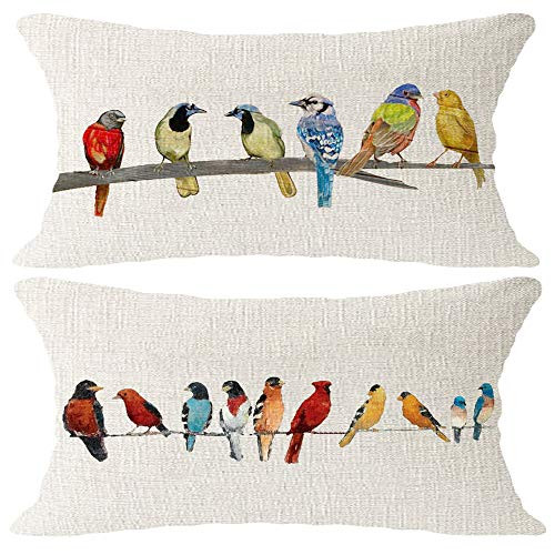 Hysunland Hello Spring Daughters Sisters Gift Modern Oil Painting Birds Pillow Covers Rectangular 12x20 Inch Burlap Decorative Farmhouse Lumbar Pillow Cases Cushion Covers for Couch Bed Home