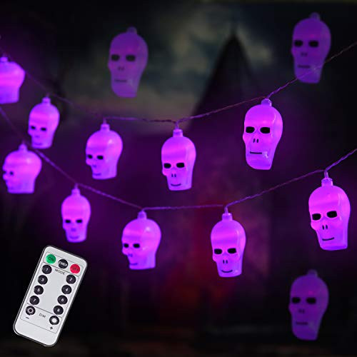 Ghost Skull Lantern Halloween String Lights 20 LED Remote Control Battery-Powered Halloween Decoration for Indoor Outdoor Party Yard Patio Tree  Purple