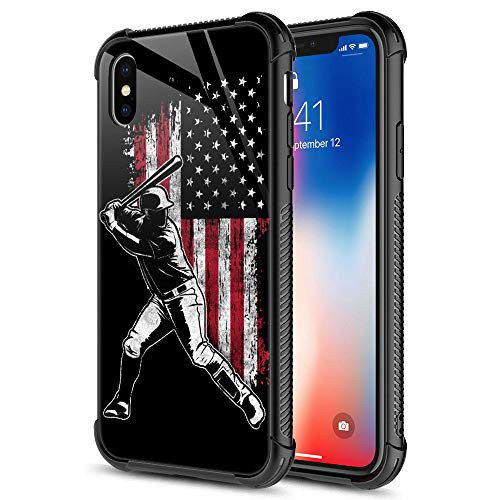 iPhone XR Case American Flag Baseball Batter 9H Tempered Glass iPhone XR Cases  Anti-Scratch  Fashion Cute Pattern Design Cover Case for iPhone XR 6.1-inch American Flag Baseball Batter