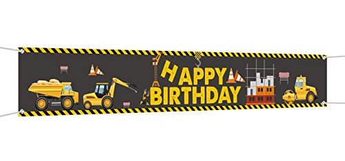 Large Construction Theme Happy Birthday Banner Dump Truck Birthday Party Supplies Decorations for Both Outdoor Indoor  9.8 x 1.6ft   Gray
