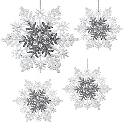 BANBERRY DESIGNS Snowflake Christmas Ornaments - Pack of 4 White and Silver Glittered Snowflake Decorations  Each is 8.5 inch D