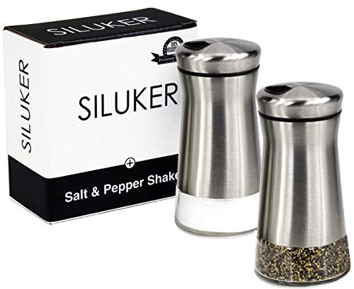 Salt and Pepper Shakers - Salt Shaker with Adjustable Pour Holes - Stainless Steel and Glass Set