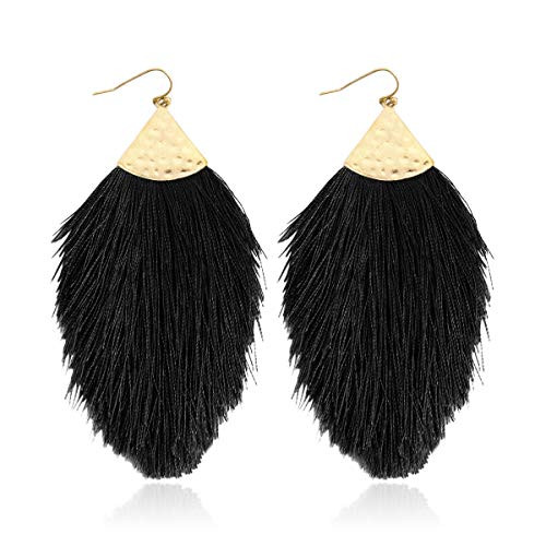 Bohemian Silky Thread Fan Fringe Tassel Statement Earrings - Lightweight Strand Feather Shape Dangles  Feather Fringe - Black