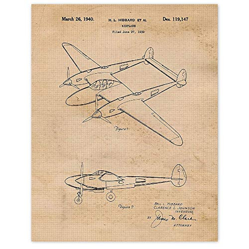 Vintage Vintage Airplane P38 Patent Poster Print Set of 1  11x14  Unframed Photo Wall Art Decor Gifts Under 15 for Home Office Man Cave Pilot College Student Teacher NASA  and  Aviation Fan