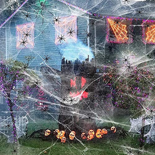 1000 sqft Halloween Spider Web with 60 Fake Black Spiders Stretch Spider Webs for Halloween Outdoor Decorations Scene Props Indoor Spooky Bar Haunted House Yard Garden Halloween Party Decorations