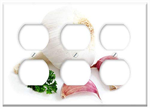 Triple Duplex Outlet Wall Plate Cover - Garlic Spice Food Parsley White Green Organic