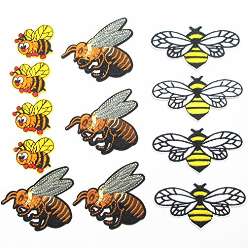 Dandan DIY 12pcs Assorted Embroidered Bees Patch Sew On/Iron On Patch Animal Applique Clothes Dress Plant Hat Jeans Sewing Applique Home Curtain Diy Accessory