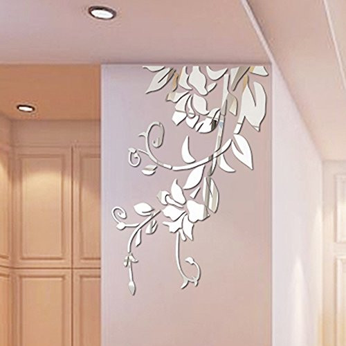 Huikeer Wall Stickers for Living Room Art Decal Mirror Flower DIY Self-Adhesive Wall Decoration Removable Wallpaper 3D Vinyl Sticker for Home Bedroom Bathroom Decor Mural Quotes  Silver