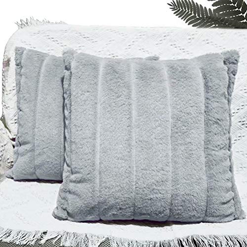 Velvet Throw Pillow Covers Set of 2 Striped Plush Faux Fur Decorative Pillow Cover 18x18 Soft and Fluffy for Sofa Living Room  Gray