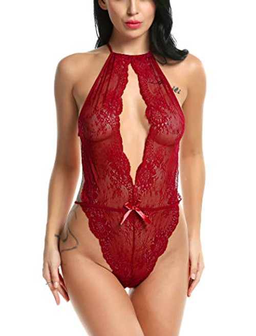 Avidlove Lingerie for Women Lace Teddy One Piece Halter Babydoll Lace Bodysuit Wine Red Large