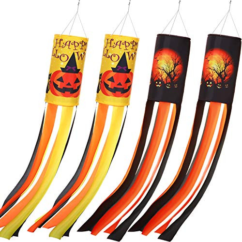 Skylety 4 Pieces 40 Inch Halloween Pumpkin Ghost Windsock Flag Halloween Outdoor Hanging Windsock Halloween Decorative Pumpkin Windsock for Front Yard Lawn Garden Party Decor