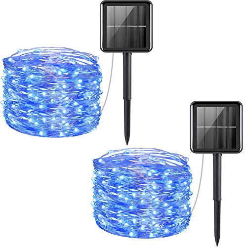 2 Pack Solar String Lights 200 LED Solar Fairy Lights 72 Feet 8 Modes Copper Wire Lights Waterproof Outdoor String Lights for Garden Patio Gate Yard Party Wedding Indoor Bedroom  Blue