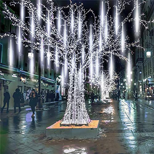ZHEWEN Meteor Shower Rain Lights 8 Tube 192 LEDs Outdoor Christmas String Light Plug Powered Waterproof Snow Falling Raindrop Icicle Cascading Decoration Lights for Party Garden Home  White
