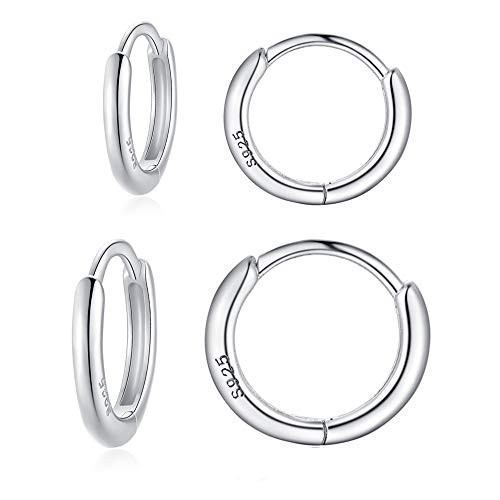2 Pairs 925 Sterling Silver Small Huggie Hoop Earrings Hypoallergenic Cartilage Earrings Set for Women Men Girls with Pierced Ears 10mm 12mm