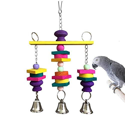 Bird Chew Toy Colorful Hanging Wood Block Swing Bells Toy with Sweet Sound Bird Toy for Small Medium Parrot Conure Lovebird Finch Parakeet Cockatiel Cockatoo Cage Accessories